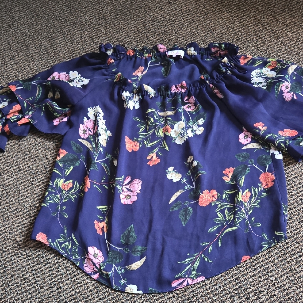 Parker Plum/Navy Floral Off-Shoulder Top W Statement Ruffle Sleeves